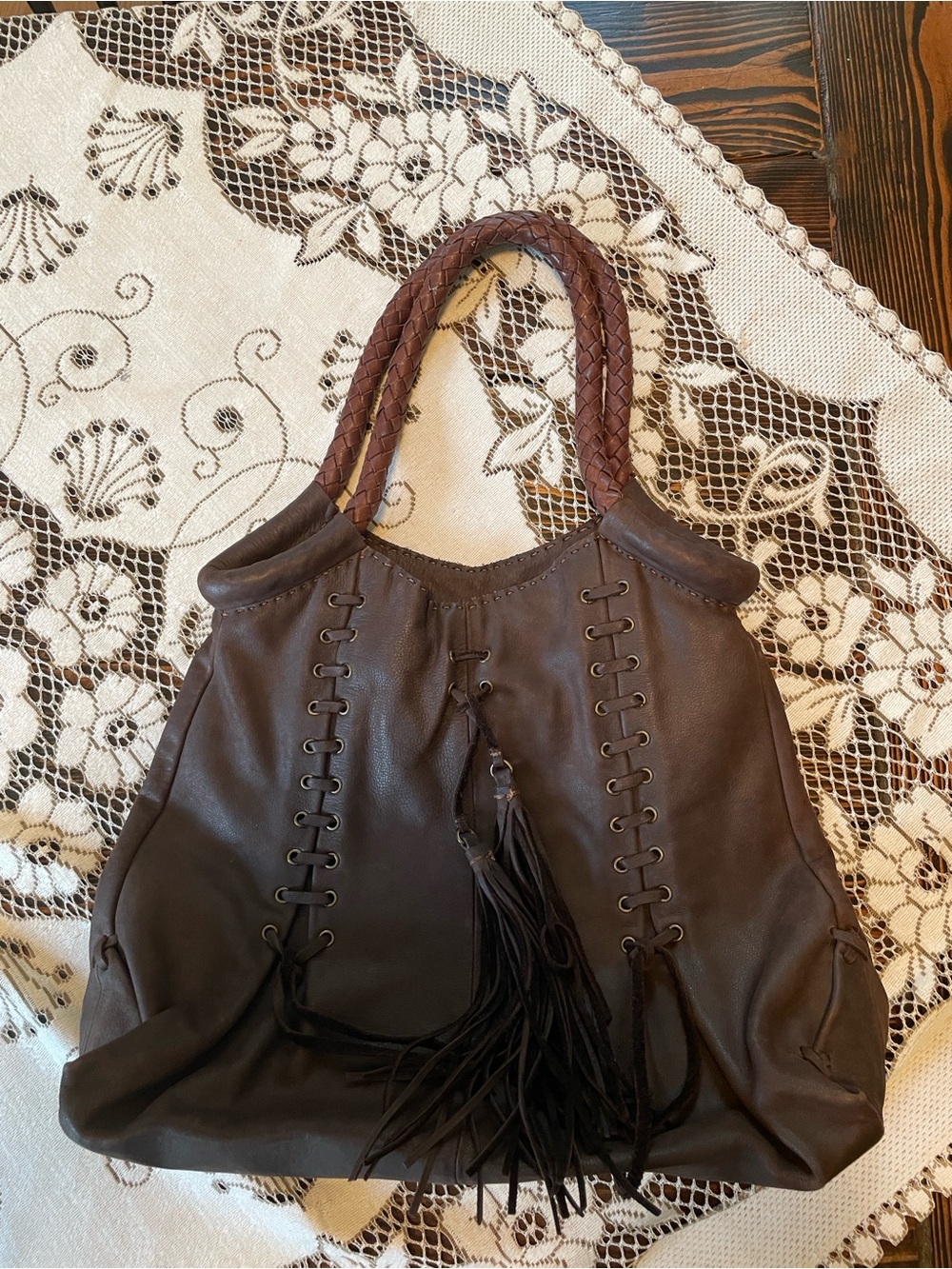 Carla Mancini Braided Handle Espresso Leather Tassel Shoulder Bag